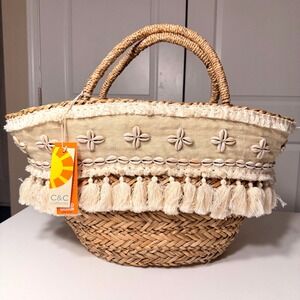 C&C California Straw Tote Bag Boho Cowrie Shell Fringe Tassel Beach Bag NEW